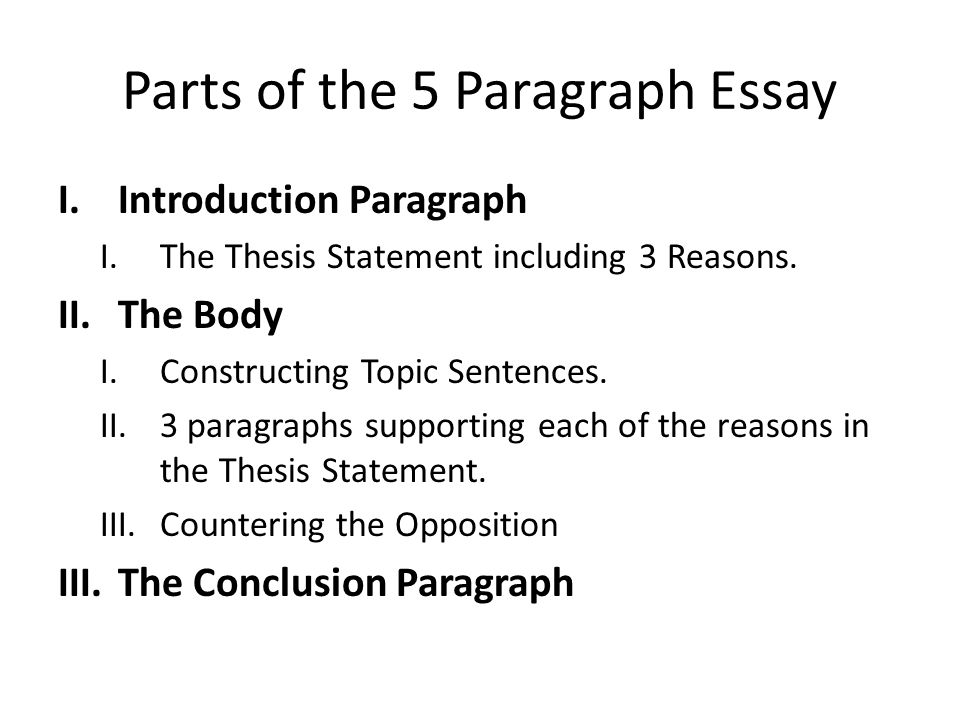 What are the three parts of a five paragraph essay
